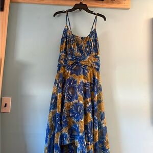 Blue & Mustard Floral High-Low Maxi Dress with Spaghetti Straps